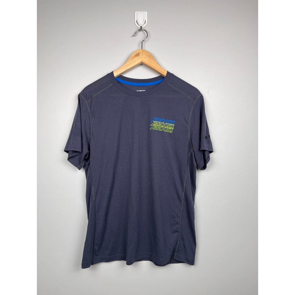 Brooks Run Happy Graphic Tee‎ M Gray Blue Lime Gorpcore Performance Knit